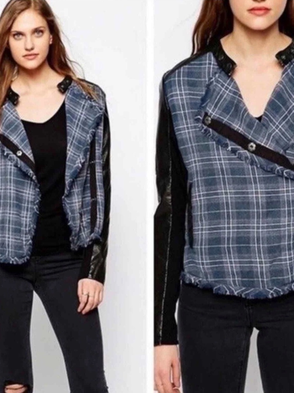 Free People Blue Plaid Jacket with Black Faux Leather Trim